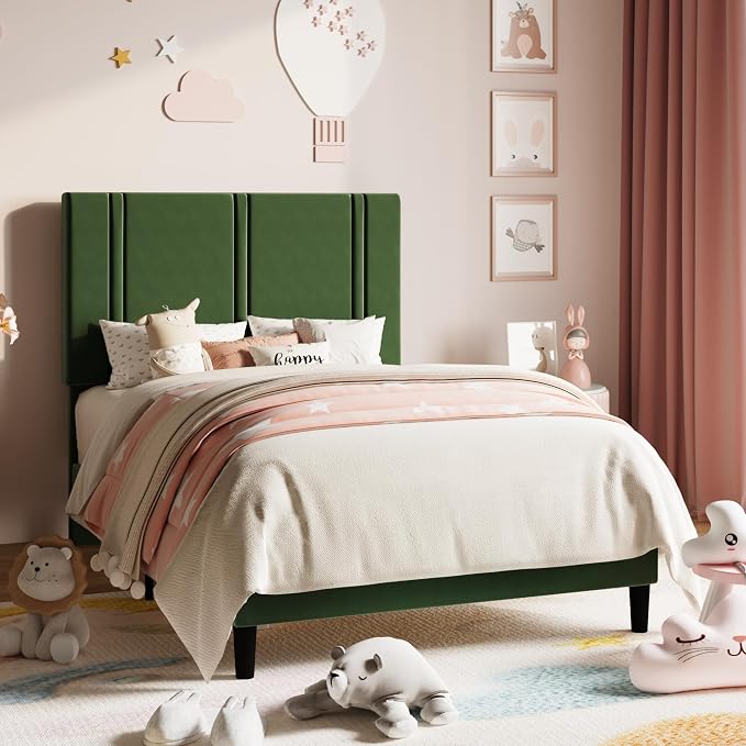 Allewie Twin Size Platform Bed Frame with Adjustable Headboard | Plush Velvet Upholstered, Vertical Channel Tufted, Sturdy Wood Slats, No Box Spring Needed, Easy Assembly, Green