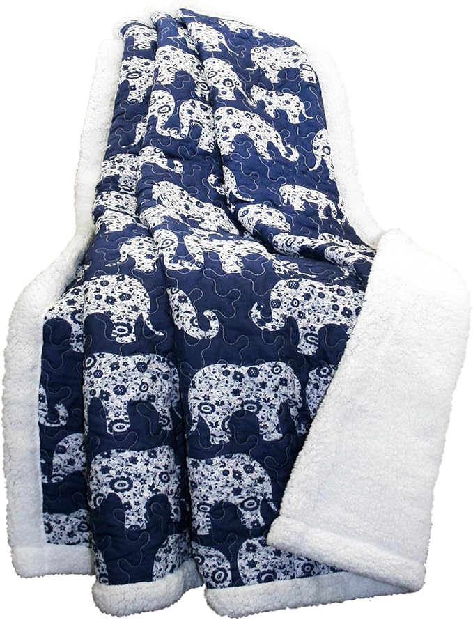 Lush Decor Navy Elephant Parade Throw Fuzzy Reversible Sherpa Blanket 60” x 50 White