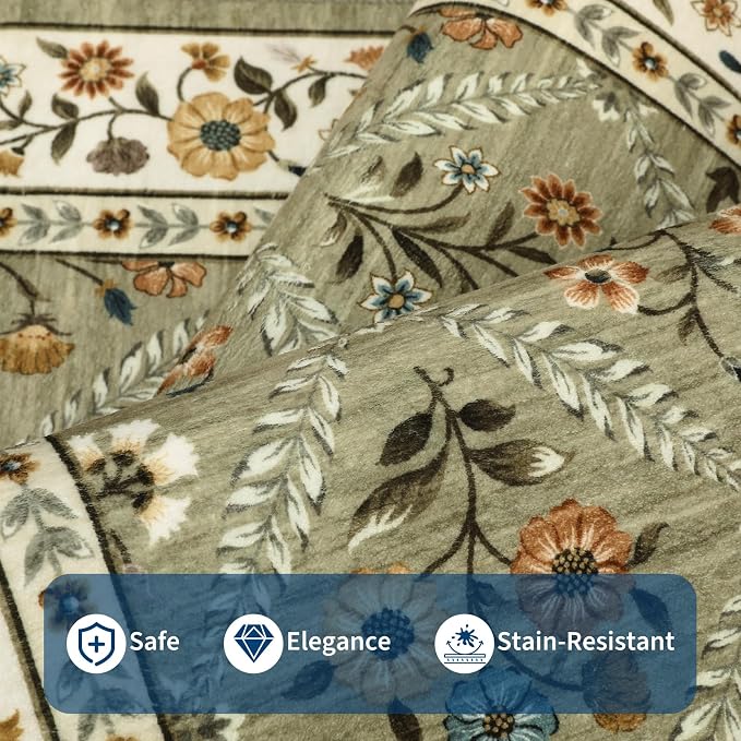 GarveeHome Floral Washable Entryway Rug Non-Slip 2x3 Front Door Mat Vintage Low-Pile Small Area Rugs Soft Non-Slip Indoor Stain Resistant Entry Mat for Entrance Bedroom Bathroom Green