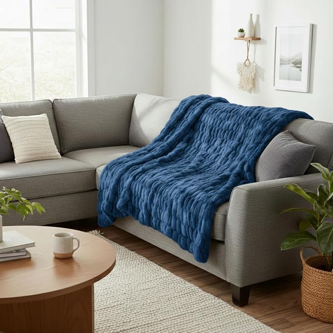Lavish Home Oversized Ruched Faux Fur Blanket, Blue, 60” x 80” | Plush Polyester Faux Fur Queen-Size Throw for Sofas and Beds - Luxurious Bedding