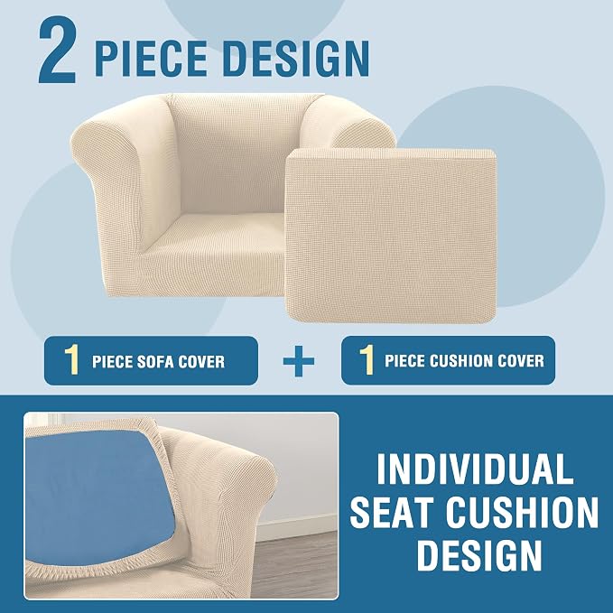 H.VERSAILTEX 2 Pieces Chesterfield Chair Covers Stretch Chair Slip Covers Mid Century Deep Seat Couch Cover Fit Width Up to 47 Inch, Thicker Jacquard Fabric (Small Sofa, Natural)