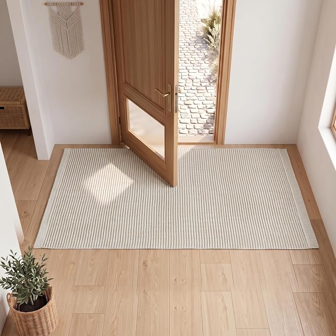 THE BEER VALLEY Hand Woven Area Rug 3x5 Feet - Ivory | Non Slip Indoor Outdoor Kitchen Large Rugs for Living Room, Washable Low Profile Patio Carpet
