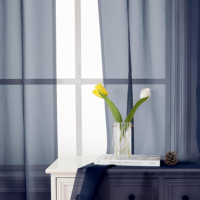 Lecloud Navy Blue Sheer Curtains 90 Inches Long 2 Panels, Light Filtering Voile - Image 7