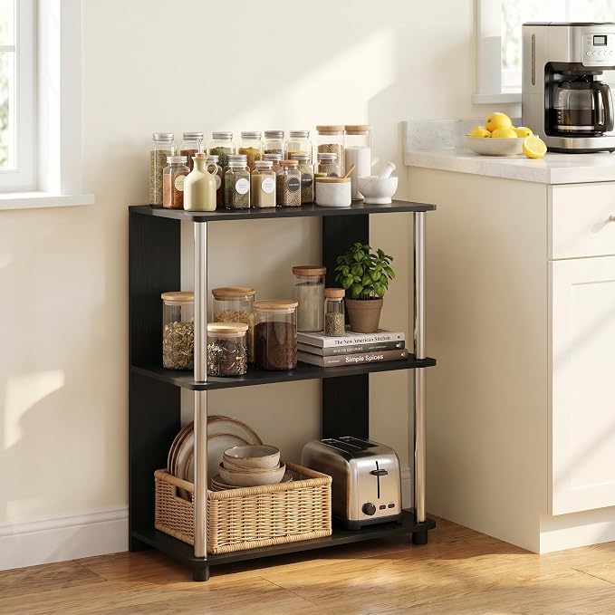 Furinno Jaya Simple Design 3-Tier Bookcase/Bookshelf/Display Rack with Stainless Steel Tubes, Americano | 11.6 x 23.6 x 30, Storage Shelves, Shelving Unit, for Organization and Storage, Living Room, Garage, Home Office