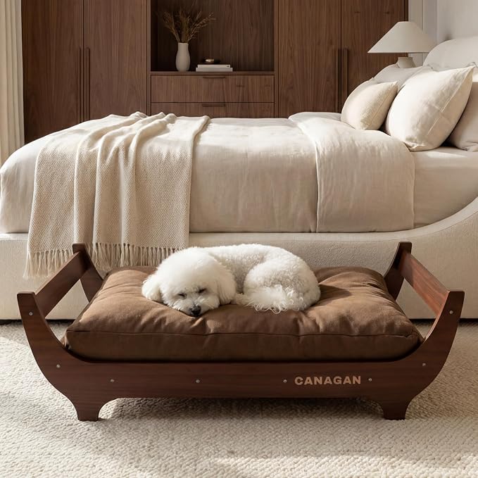 CANAGAN Elevated Wooden Dog Bed with Cushion, Walnut, Medium | Raised Dog Couch Bed with a Washable Cover and Plush PP-Filled Cushion, Designed for Medium Dogs and Stylish Indoor Living
