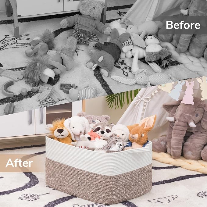Goodpick 75L Extra Large Woven Storage Basket, 22" x 17" x 12", Light Brown | Rectangle Cotton Rope Basket, Blankets, Pillows & Toys Storage, Living Room & Bedroom Organization, Natural Home Decor