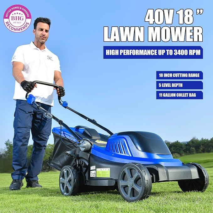 Wild Badger Power 40V 18-In Brushless Cordless Electric Lawn Mower | 18-in brushless push mower for small-to-medium lawns; 5 cut heights, 3-in-1 clipping modes, 40V 4.0Ah battery and charger.