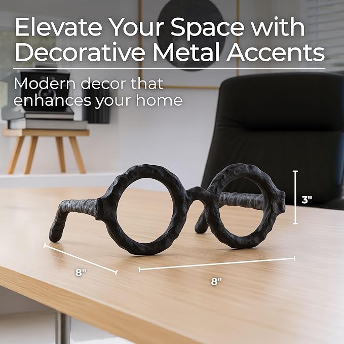 Modern Decorative Glasses Sculpture Figurine for Office Shelf Decor - Home and Bathroom Accent for Desk Display - Living Room Ornament Statue for Coffee Table Styling in Spaces - 3", Black