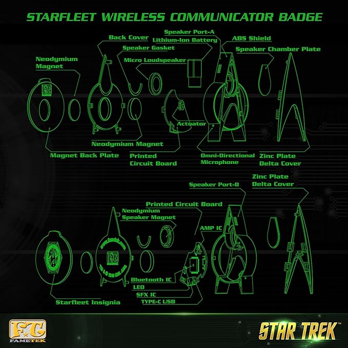FAMETEK Star Trek Next Generation TNG Bluetooth ComBadge | Connect the TNG Communicator to your phone or PC for calls and texts, Cosplay with Chirping Sound Effect or Home Automation