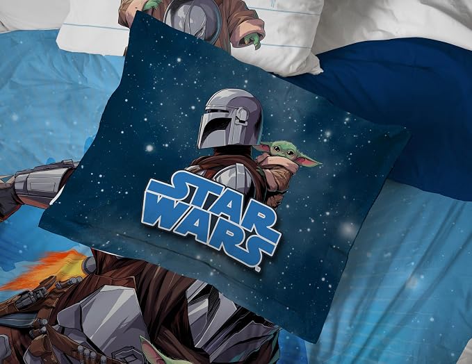 Jay Franco Kids Bed Set, Blue, The Mandalorian, 7 Piece Full | Cozy Soft Bedding for Stylish Room Décor with Comforter, Sheets & Pillow Covers