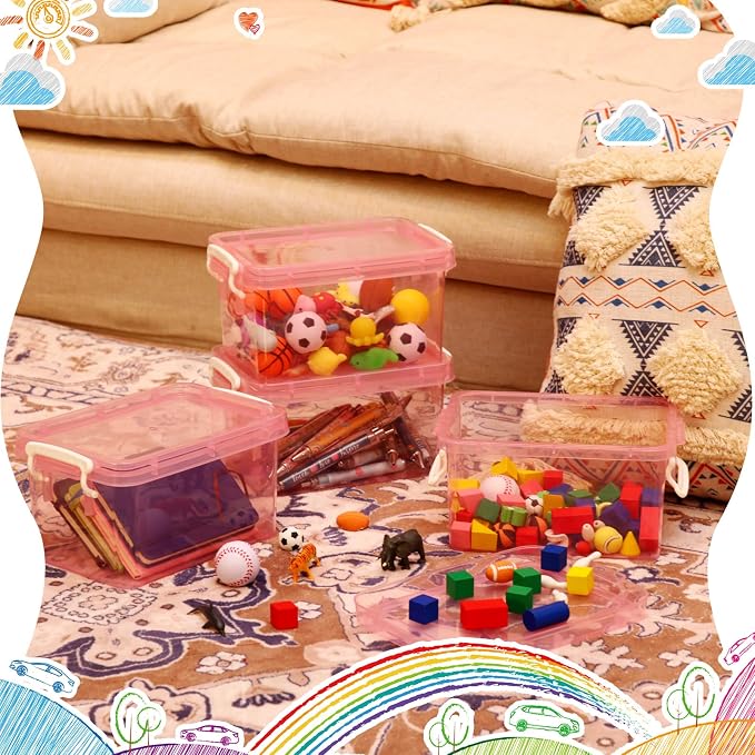 Wenqik 6 Pack Colorful Plastic Storage Bins with Lids 4 Quart Small Storage Latch Box Stackable and Nestable Clear Organizer Bins with Latching Handle and Buckle for Organizing(Pink)