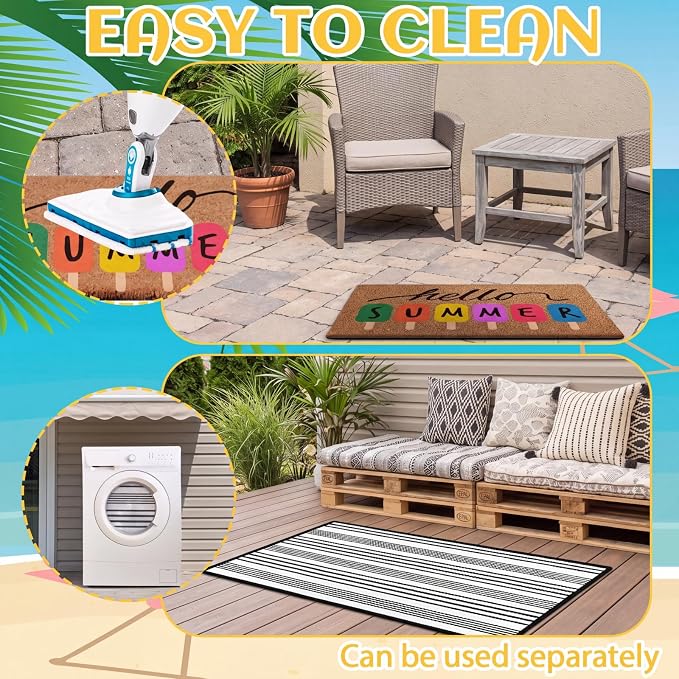 Moucuny 2 Pcs Summer Coir Door Mat 19" x47 Hello Summer Welcome Mats for Front Door Non Slip 56"x22" Black and White Rug Large Floor Layering Doormats for Front Porch Entryway Decor
