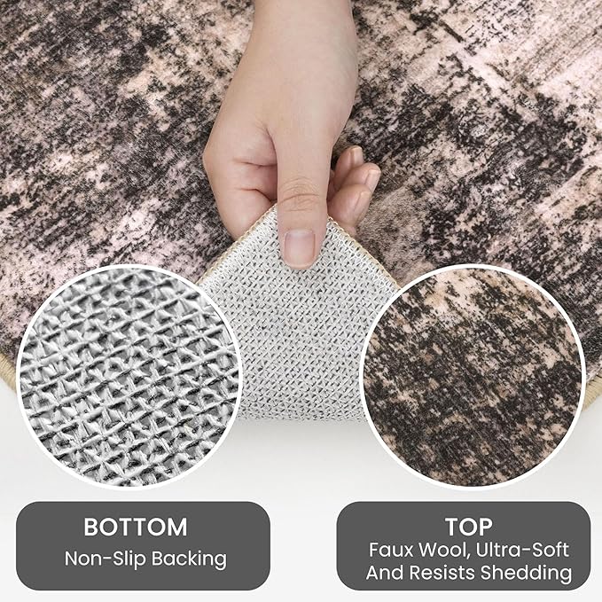 IOHOUZE Abstract Round Area Rug 6 Ft Washable Circle Rugs Large Round Rug Non Slip Thin Soft Circle Rugs, Printed Faux Wool Floor Carpet for Bedroom Living Room Dining Room Nursery, Brown/Rust