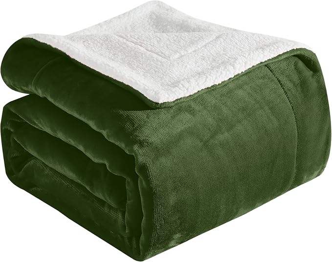 Elegant Comfort Ultra Soft Reversible Flannel Sherpa Blanket - Cozy Silky Fleece Throw for Couch, Bed - Plush Fuzzy Warm Winter Blanket for Gift, Queen, Sage