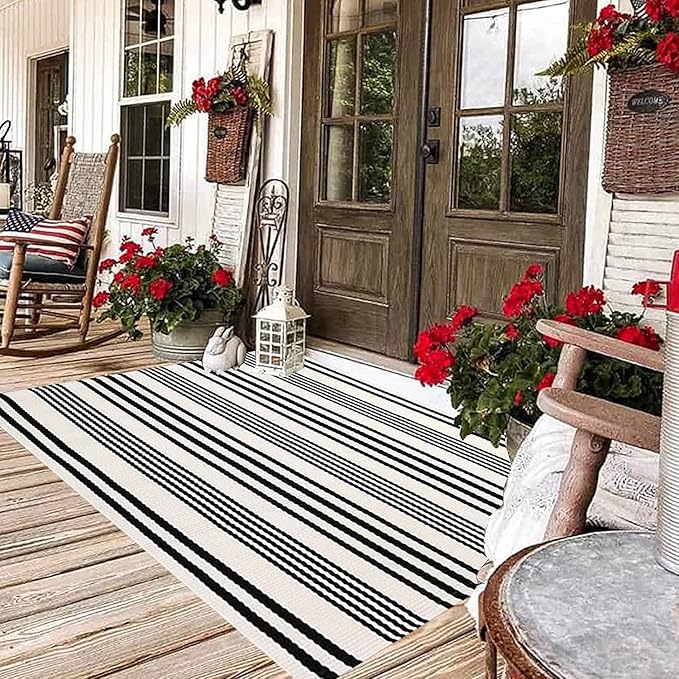 BUAGETUP Black and White Outdoor Rug 3'x 5' Cotton Woven Washable Rug Striped Front Porch Rug Area Rug Floor Mat for Farmhouse/Layered Door Mats/Living Room