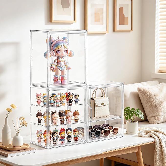 Attelite Acrylic Display Case for Collectibles Adjustable 3-Tiers，1Pack | 3 Adjustable Layers,Tool-free Assembly,Clear Display for Figures, Magnetic Door, Stackable Design,Dustproof