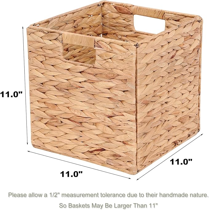 Water Hyacinth Storage Baskets 11x11x11 Inch Wicker Storage Cubes Set of 2 | Handwoven Foldable Wicker Cubes with Sturdy Handles, Rustic Laundry Organizer for Bedroom Shelves, Kitchen, Bathroom