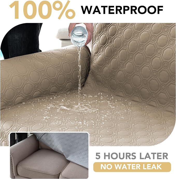 H.VERSAILTEX 100% Waterproof Couch Cover for Dogs Washable Triple Non-Slip Armchair Slipcover Thick Durable Sofa Protector with Storage Pocket (Chair, Taupe)