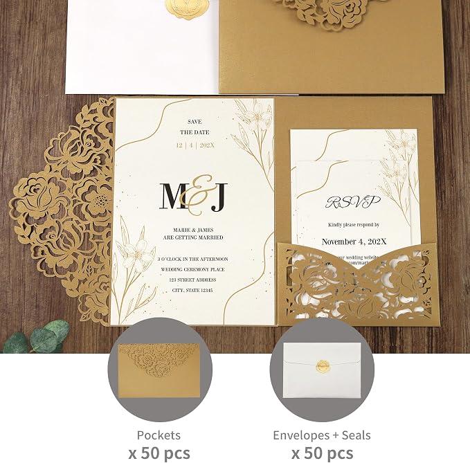 DORIS HOME Laser Cut Wedding Invitation Pockets, Gold, 5"x7" | 50pcs, With Envelopes, For Wedding & Anniversary, No Inserts Included