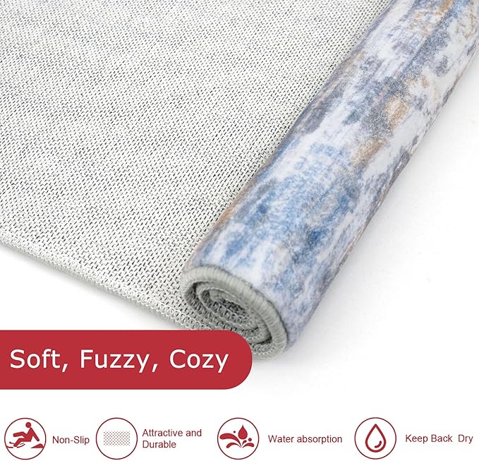 KOZYFLY Modern Abstract Hallway Runner Rug, 2.6x8 Washable Rug Runner Non-Slip Soft Striped Kitchen Runner Rugs, Print Blue Rust Carpet Runner for Entryway Bathroom Laundry Room Foyer