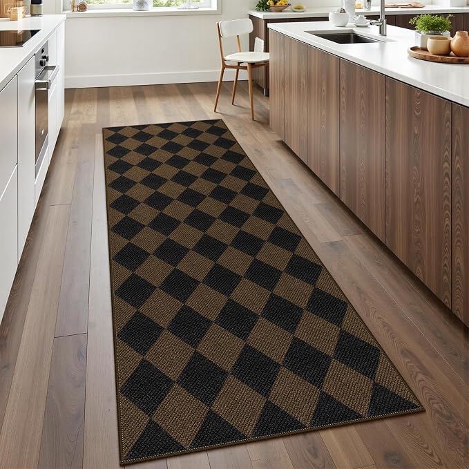 Rugalia Easy Jute Checkered Runner Rug, 2.6x8 Coffee Modern Washable Rugs Runner for Hallway Non-Slip Kitchen Runner Rug, Geometric Diamond Indoor Outdoor Carpet for Porch Laundry Entryway