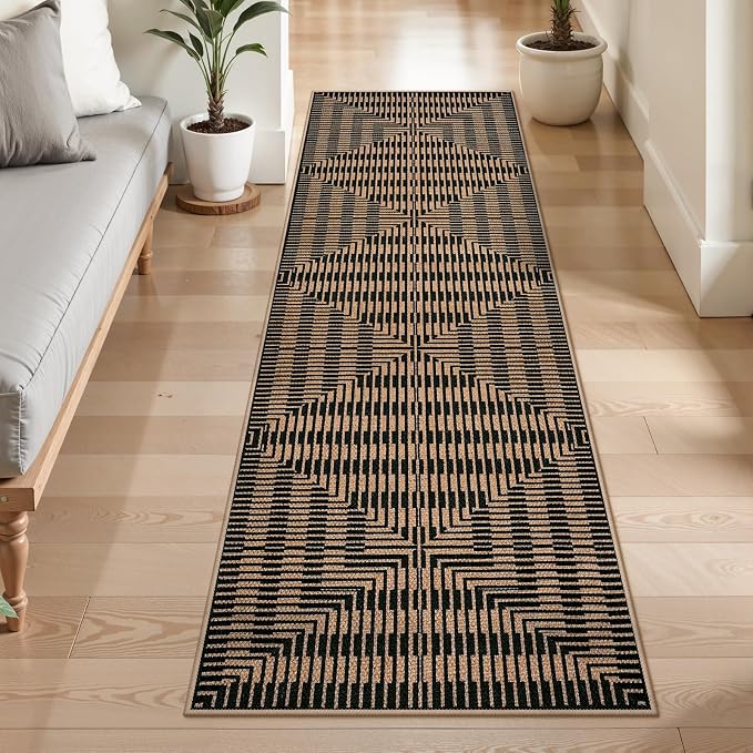 LIVEBOX Easy Jute Indoor Outdoor Runner Rug 2x6, Washable Runners for Hallways Non Slip, Farmhouse Geometric Striped Rugs for Kitchen, Entryway (Black)