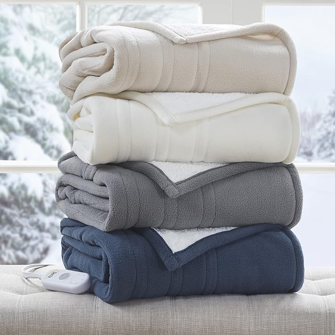 Serta Heated Electric Throw - Reversible Fleece Heating Blanket,Creme White | Dual-Layer Heated Throw Blanket With 5 Heat Settings & Auto Shut Off, Machine Washable, ETL Certified