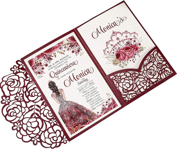50PCS Customized Burgundy Quinceanera Invitations with Envelopes | 4.7x7 inch, Laser Cut, Invitation Cards for Miss XV, Sweet 16, 18th Birthday, Quince Invite,Quinceanera invitations, XV Anos