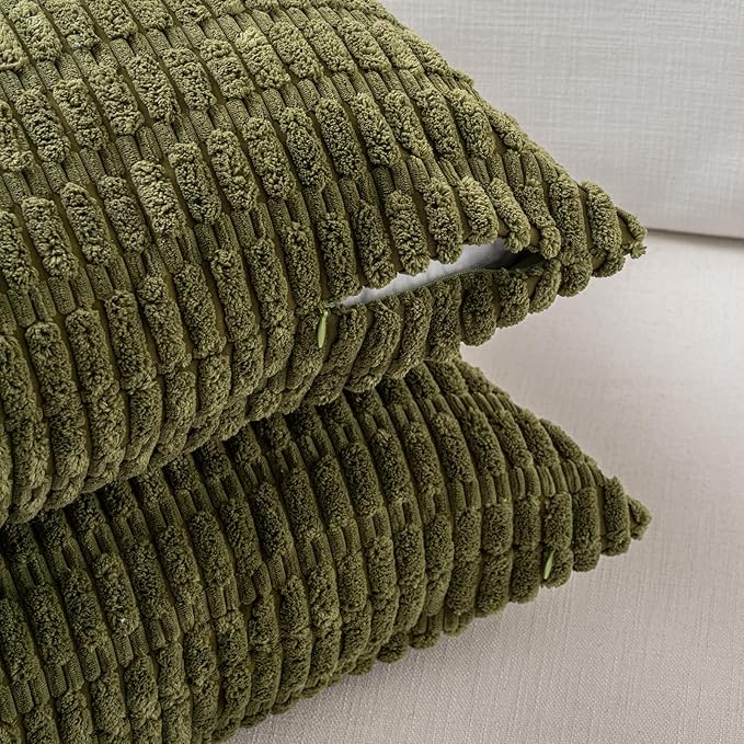 Fancy Homi 4 Packs Boho Moss Green Decorative Throw Pillow Covers 16x16 Inch for Couch Bed Sofa, Rustic Modern Farmhouse Home Decor, Soft Plush Corduroy Cute Square Cushion Case 40x40 cm