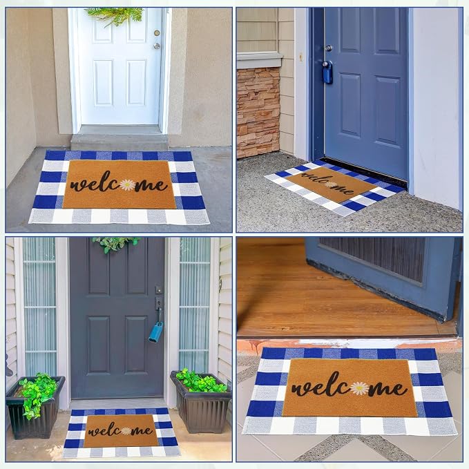 2 Pcs Outdoor Door Mat Combo Set Layered Outdoor Rug and Coir Welcome Doormat Non Slip Outside Floor Mat for Front Porch Entryway Patio Yard Decor(Blue Daisy,24'' X 35'',24'' X 16'')