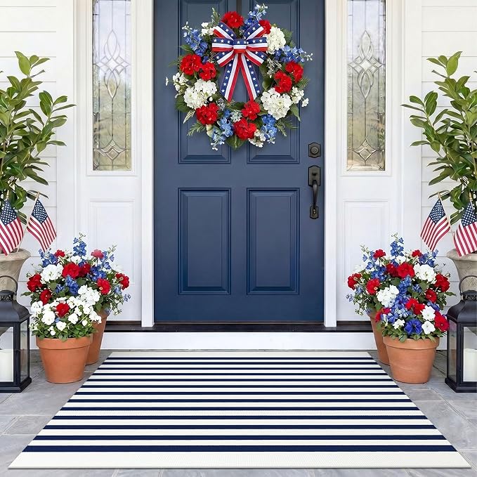 KOZYFLY Striped Rug 2.3x3.6 ft Blue White Front Door Mat Layered Doormats Woven Washable Indoor Outdoor Rug for Entryway Porch Kitchen Patio Welcome Mat Independence Day Decor