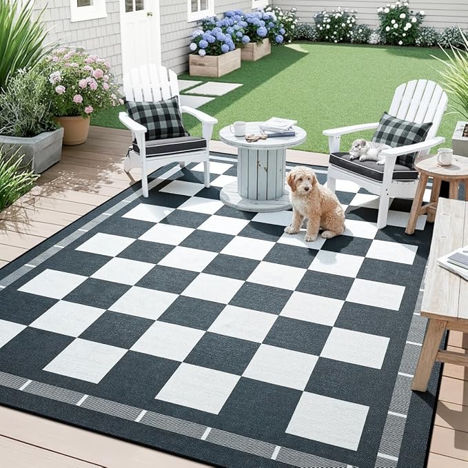 Vasofe 6x9 Checkered Jute Outdoor Rug, Washble Patio Balcony Plaid Area Rug | Washable Living Room Indoor Carpet, Non Slip Farmhouse Neutral Geometric Rugs for Camping Dining Room Backyard, Black/White