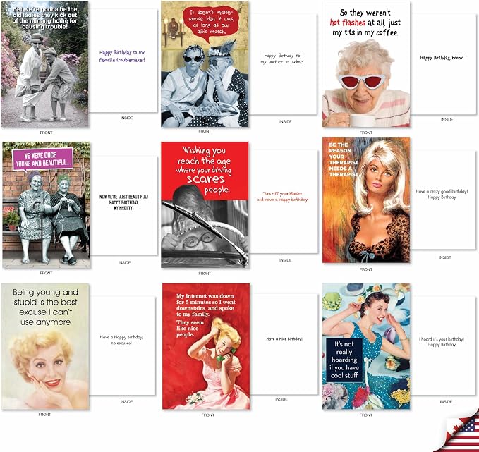 NobleWorks Retro Cards 36 Assorted Funny Birthday Cards Bulk Box Set w/Envelopes, Vintage Adult Humor Greetings Variety Pack for Men and Women (36 Designs, 1 Each) Retro Revelry AC7740BDG-B1x36