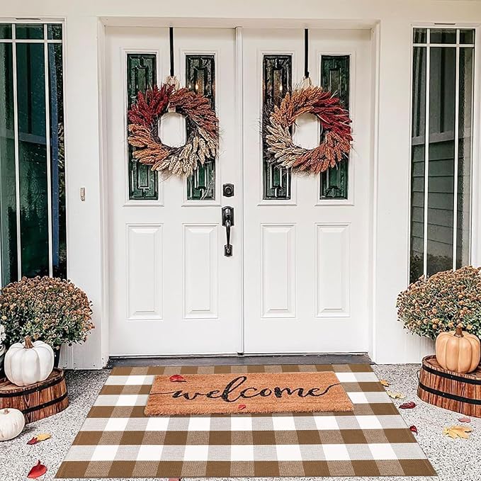 Bottalive Buffalo Plaid Outdoor Rugs, 3'x5' Brown and White Checkered Indoor/Outdoor Area Rug, Layering Rug for Hello/Welcome Door Mat, Washable Cotton Woven Farmhouse Mat for Fall Front Porch Décor