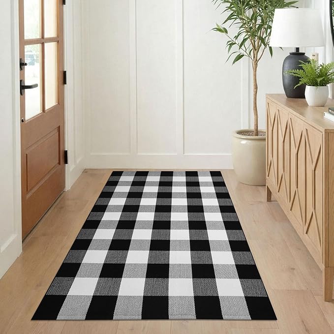 KILOCOCO Buffalo Plaid Checkered Rug 3x5 ft Black White Front Door Rug | Machine Washable Front Porch Rug, Outdoor Indoor Entryway Rug, Cotton Layered Doormat, Low Pile Rugs for Kitchen Patio