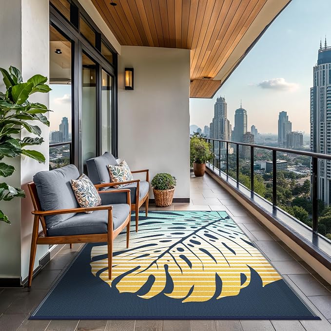 GENIMO Outdoor Rug, Waterproof Plastic Rugs for Patio, 6'x9' Yellow Blue | Outside Larger Leaf Carpet Mat for Porch Decor, Deck, Balcony, Camping, RV, Backyard, Picnic, Beach, Reversible, Foldable