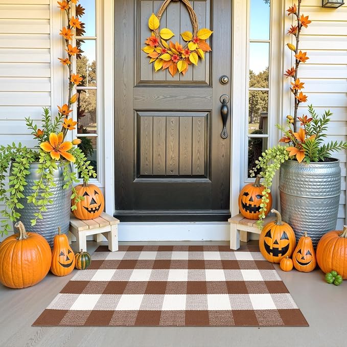 Buffalo Plaid Checkered Rug 27.5"x43" Fall Front Door Mat Outdoor Porch Rug | Washable Woven Front Porch Rug Outdoor Door Mat Welcome Mats Indoor Outdoor Autumn Layered Doormats for Entryway Entrance
