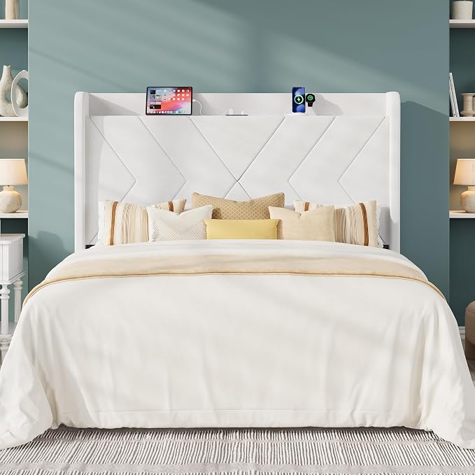 Allewie Queen Size Platform Bed Frame with Charging Station and Storage Shelf/Upholstered Velvet Wingback Headboard/Wooden Slats Support/No Box Spring Needed/Easy Assembly, White