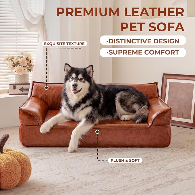 X-Large Leather Dog Bed Couch for Large Dogs Under 90 lbs, Brown Luxurious Vintage Elevated Dog Sofa Chaise Indoor Furniture Style Pet Supplies Low Maintenance