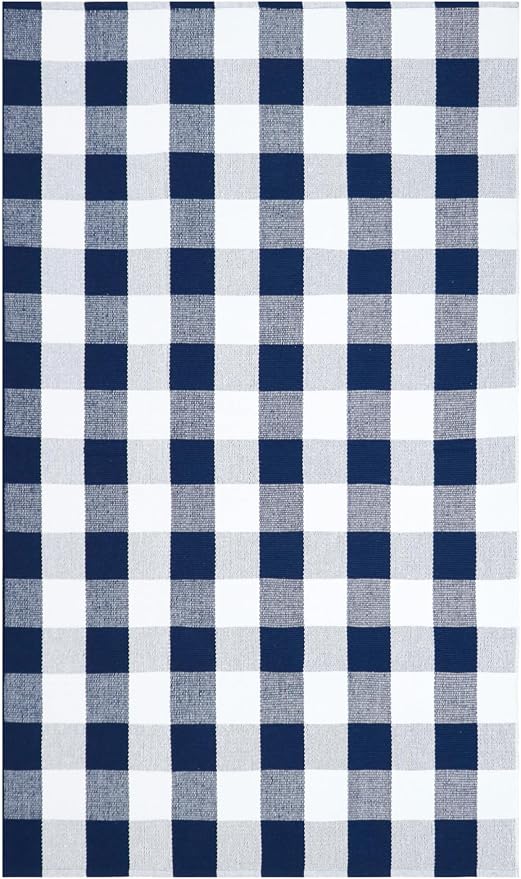 KILOCOCO Buffalo Plaid Checkered Rug 4x6 ft Blue and White Front Door Rug | Machine Washable Front Porch Rug, Outdoor Rugs, Indoor Living Room Rug, Cotton Low Pile Rugs for Kitchen Patio Dining Room