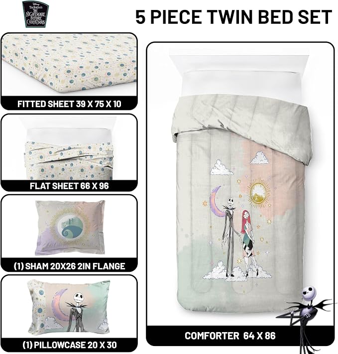 Disney Nightmare Before Christmas Twin Comforter Set 5 Piece, Multi | Jack Skellington Sally, Bed in a Bag, Comforter Sheets Sham Pillowcase, Soft Microfiber, Machine Washable, Girls Gift