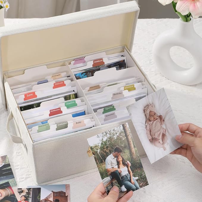 Aokeyee Photo Storage Box Holds 1700+ 4x6 Pictures | Photo Organizer Box | 8 Dividers | 24 Paperboard | with Blank Label