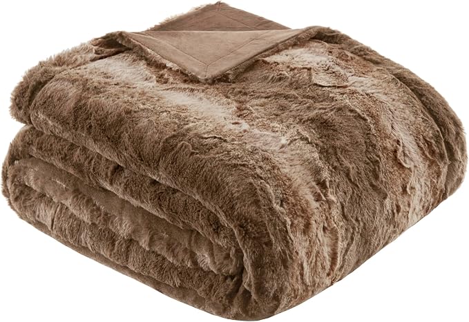 Madison Park Zuri Faux Fur Reversible Throw Blanket, 50 x 60 in, Tan | Oversized Soft Plush, Luxury, Animal Stripes, Mink Reverse, Modern, All Season, for Bed Sofa Couch, OEKO-TEX Certified