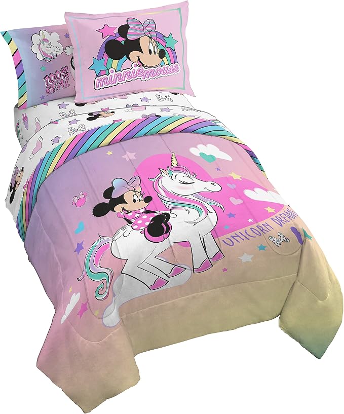 Disney Minnie Mouse Full Size Comforter Set 7 Piece Kids Bedding, Pink | Unicorn, Comforter Sheets Shams Pillowcases, Official Product, Soft Microfiber, Machine Washable, Girls Gift