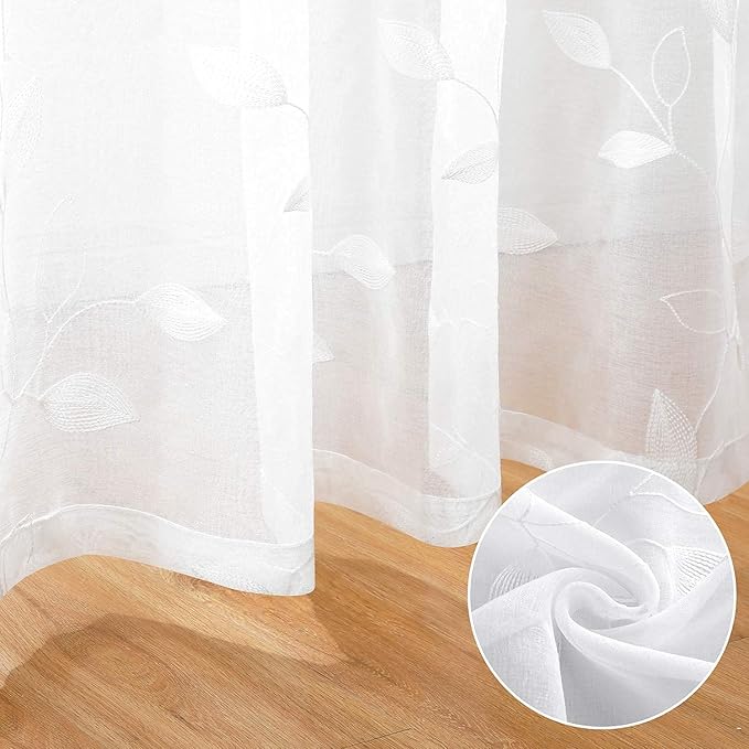 HOMEIDEAS White Sheer Curtains 52 X 84 Inches Long 2 Panels Embroidered Leaf - Image 5