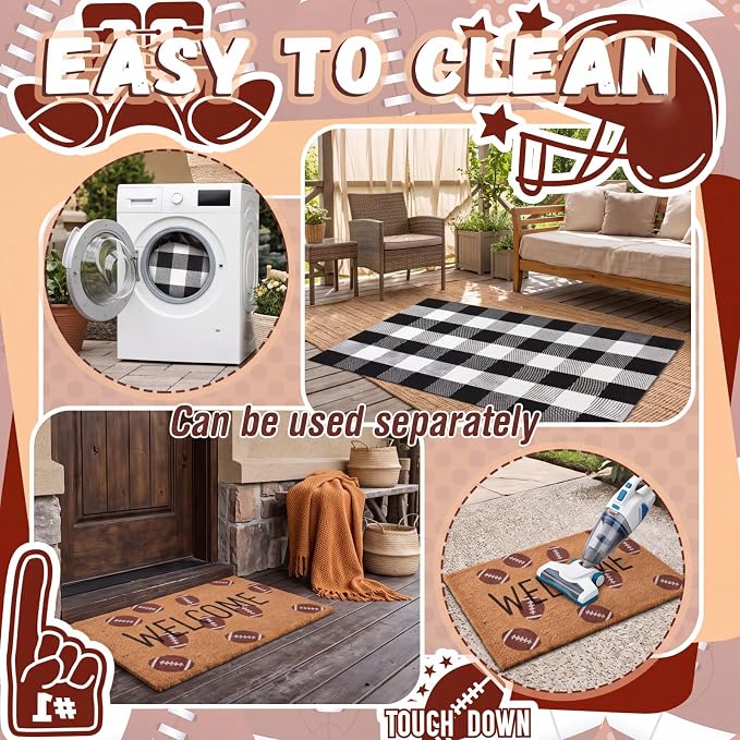 Moucuny 2 Pcs Football Coir Welcome Doormat Outdoor 16'' x 28' Football Coir Mats Layered 24'' x 35'' Black and White Plaid Rug for Front Door Porch Outdoor Entryway Decor