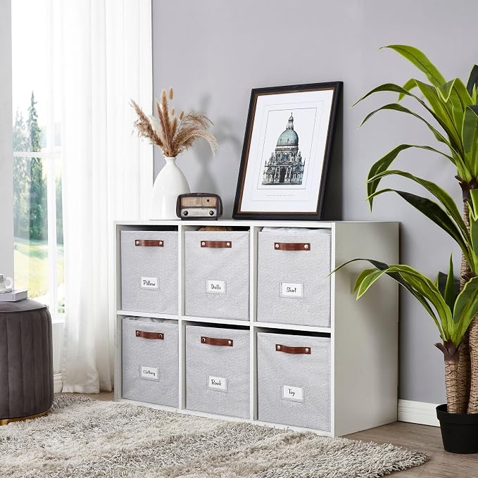 DECOMOMO Storage Bins, Cube Storage Bin with Labels | 13" x 13" x 13" Fabric Storage Cubes for Shelves (6pcs, Light Texture Grey)