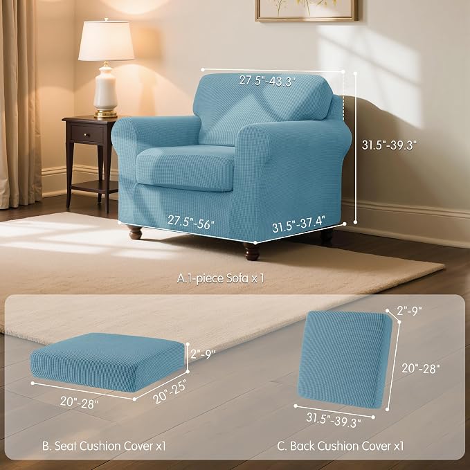 SUBRTEX 3 Pieces Stretch Sofa Slipcover Sets Couch Cover Sets Backrest Cushion Covers Furniture Protector Collection Set for Oversize Sofa Loveseat Chair Slip Covers(Small, Steel Blue)