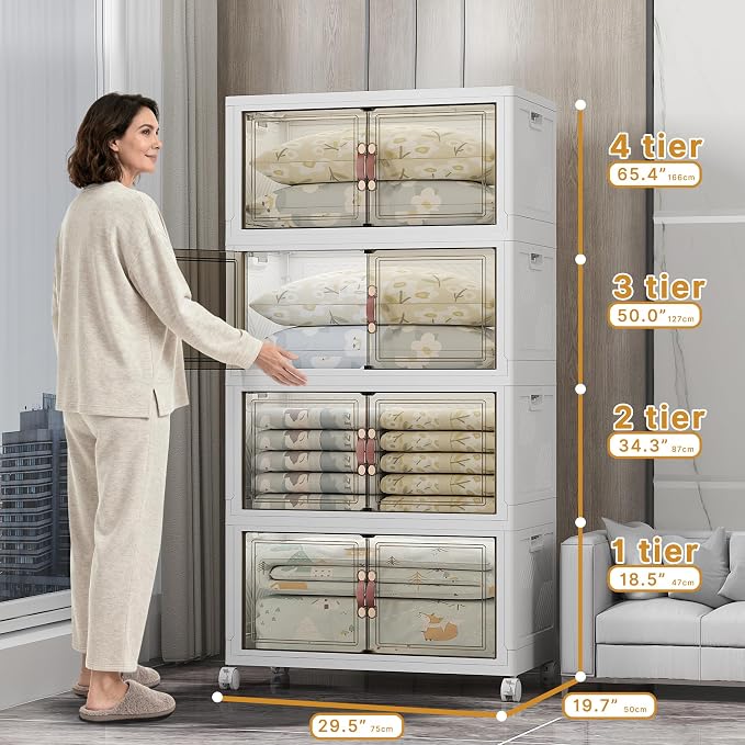 UAMFURI 700QT Stackable Storage Bins with Lids, Storage Cabinet with Wheels | Clear Doors Lockable Storage Bins Collapsible Closet Organizer for Space Saving Easy Assembly Extra Large Capacity Heavy Duty