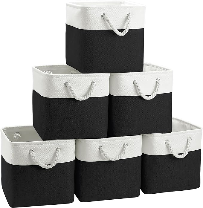 FinishingBo 11 inch Cube Storage Bin with Handles 6 Pack | Foldable Basket, Fabric Storage Bins, Closet Storage, Home Organizer (White/ Black)